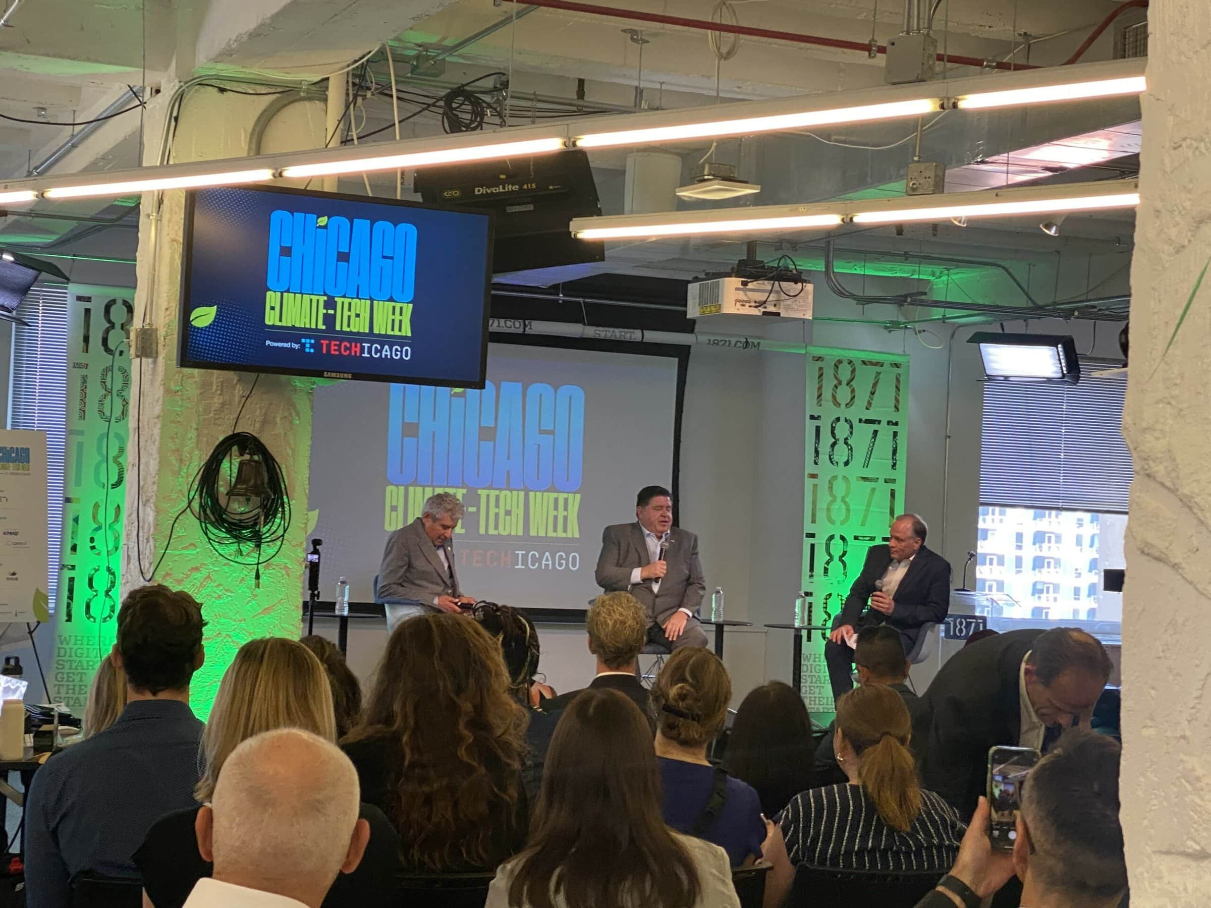 Invenergy CEO Michael Polsky, Governor Pritzker, and panel host John Pletz, senior reporter for Crain’s Chicago Business.